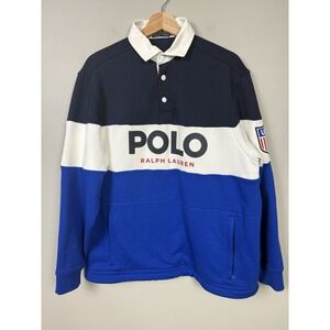 Polo Ralph Lauren Logo Spellout Rugby USA Colorblock Sweatshirt Blue White Shirt